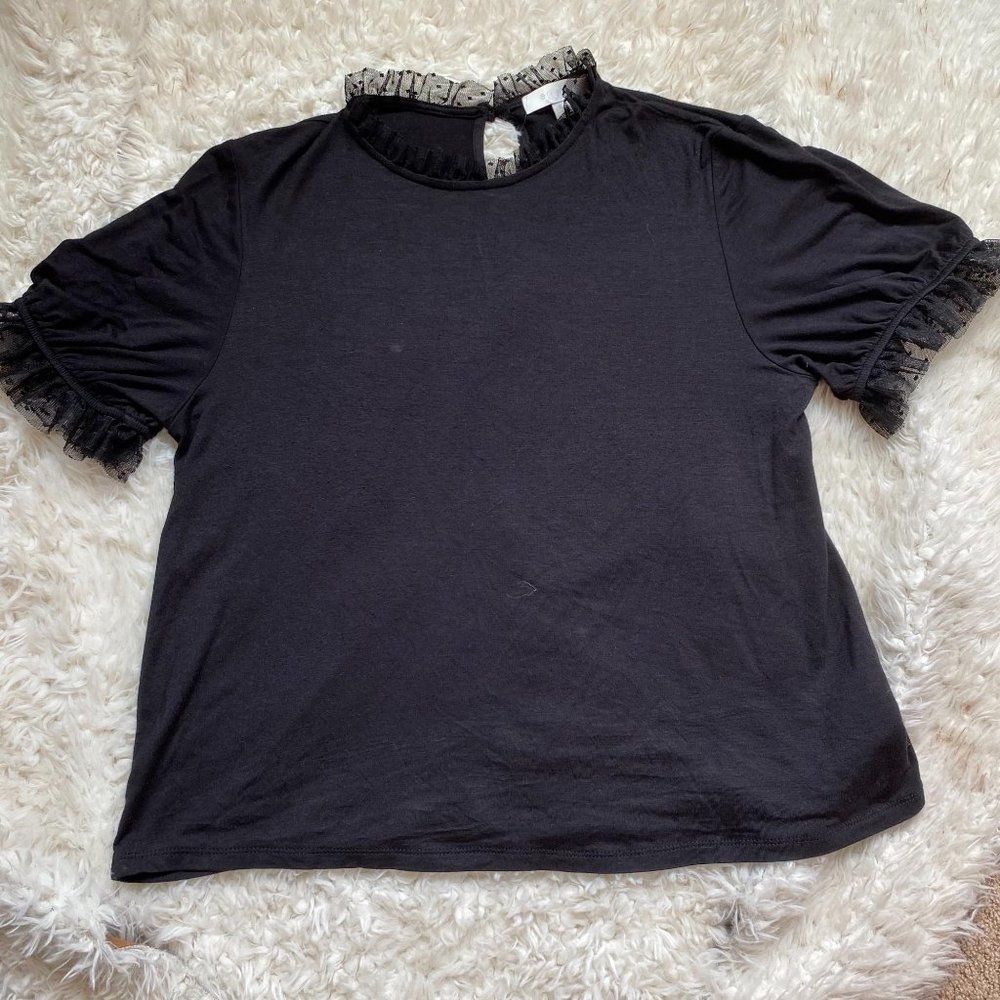 Anthropologie Eri + Ali Womens Black Knit Swiss Dot Lace Ruffle Sleeve Top Large